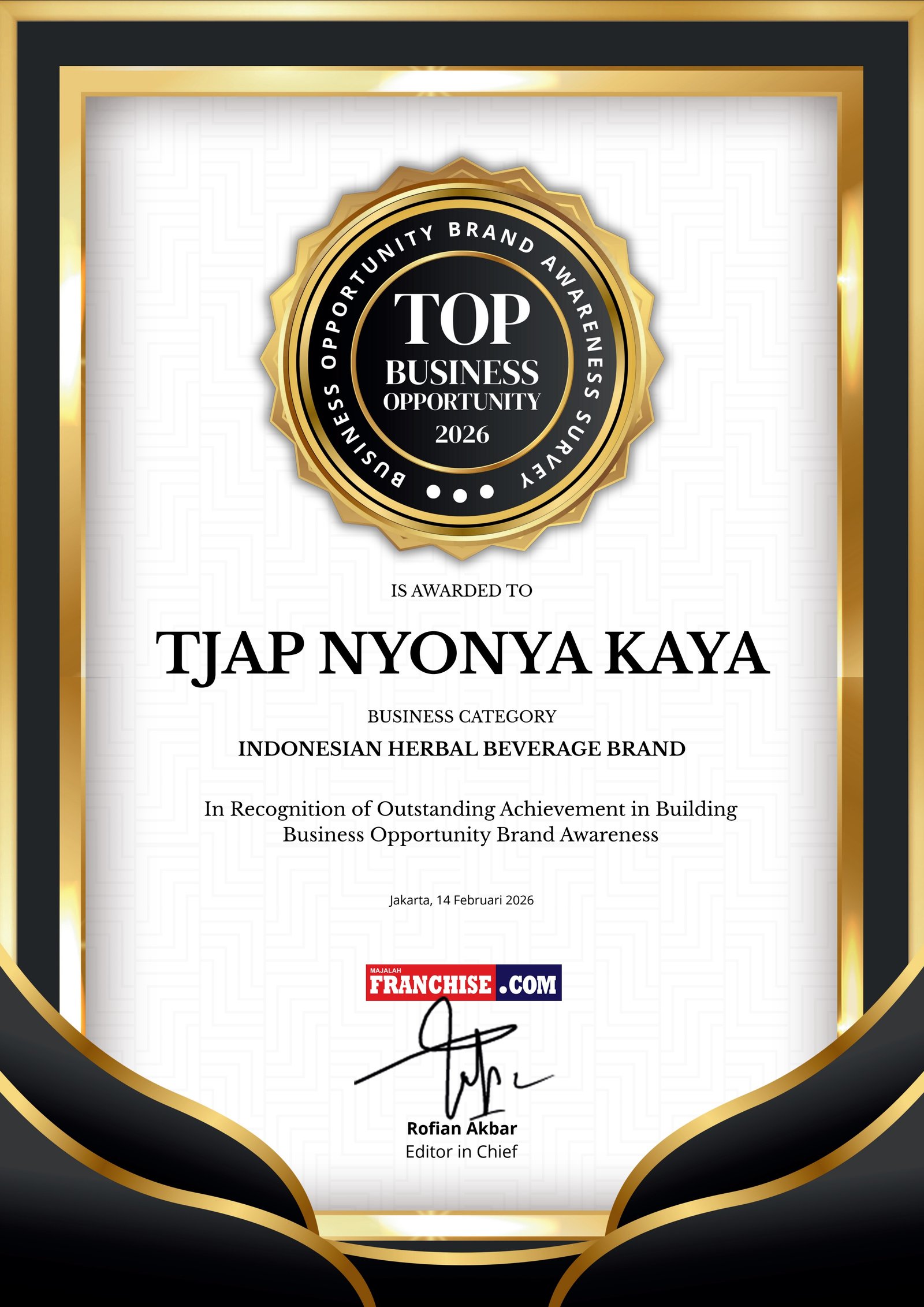 Sertifikat Top Business Opportunity 2026 kategori Indonesian Herbal Beverage Brand