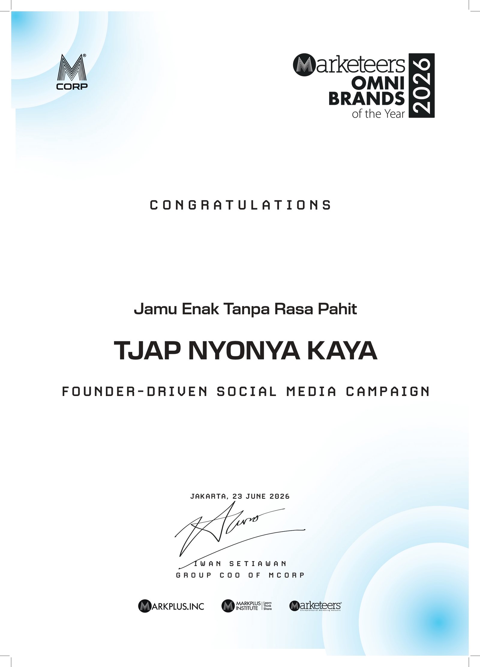Sertifikat Marketeers Omni Brands of the Year 2026, Founder-Driven Social Media Campaign