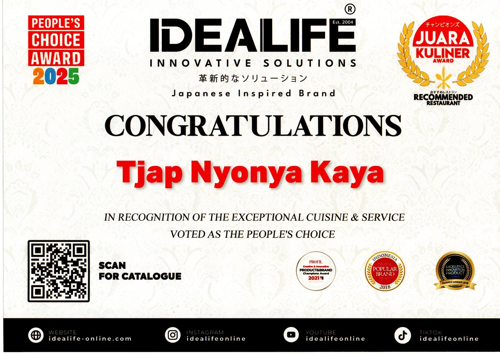 Sertifikat IDEALIFE People's Choice Award 2025 untuk Tjap Nyonya Kaya